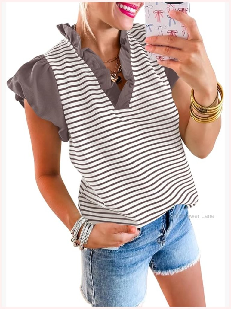 Ruffle Cap Sleeve V Neck Striped Pleated Blouse Cute Summer Tank